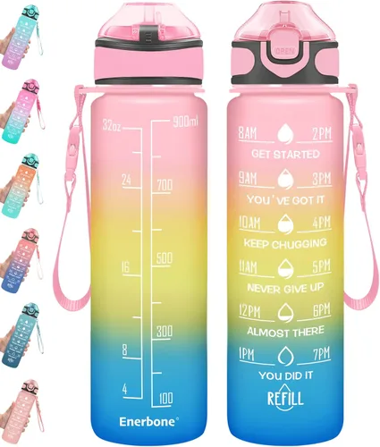 Miniatura 14 de Enerbone Botella de agua potable de 32 oz con tiempos para beber y popote, motivacional con correa para llevar, a prueba de fugas, sin BPA ni