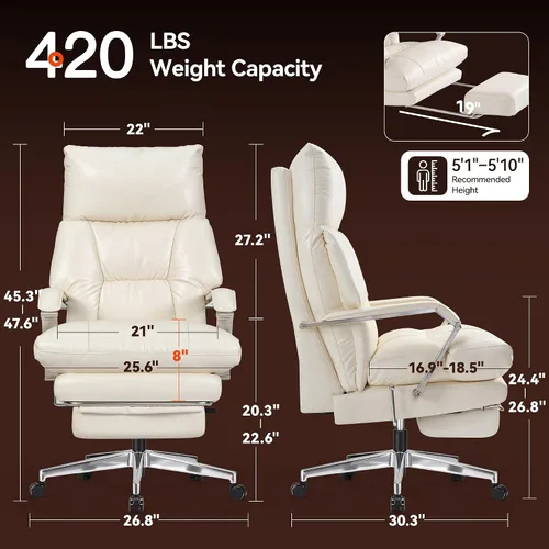 Miniatura 2 de OKUP M76 - Silla de oficina ejecutiva reclinable de 160° con reposapiés, silla de oficina de cuero con profundidad de asiento ajustable, cojín Crema