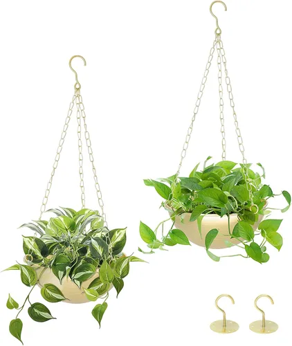 Miniatura 10 de AceList Paquete de 2 macetas colgantes doradas para plantas de interior, colgador de plantas de metal bohemio de 9.8 pulgadas para interiores