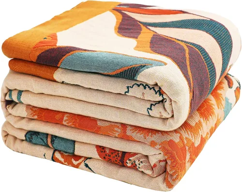Miniatura 13 de VANJOROY - Manta bohemia de 100% algodón orgánico, transpirable, ultrasuave, decoración rústica, manta decorativa con diseño floral para todas