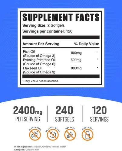Miniatura 2 de BulkSupplements. com Omega 3-6-9 cápsulas blandas - Suplemento triple omega, de linaza, onagra y aceite de pescado, 2 cápsulas blandas por porción