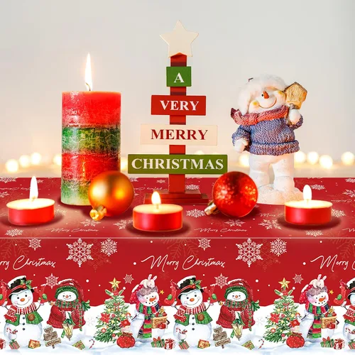Miniatura 5 de FunnyPars 3 piezas manteles de muñeco de nieve navideños de plástico, cubierta de mesa de invierno con copos de nieve y árbol de Navidad