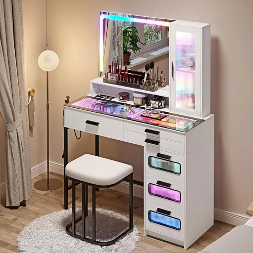 Miniatura 16 de HNEBC - Mesa de tocador RGB con espejo y luces, mesa de maquillaje con espejo LED y estación de carga USB/inalámbrica, juegos de mesa de tocador