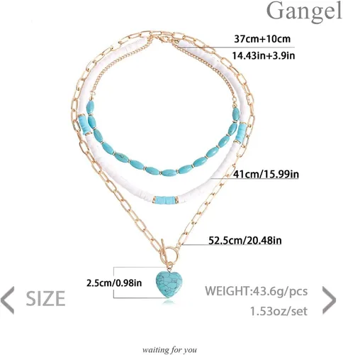 Miniatura 6 de Gangel Collar bohemio con forma de corazón, collares en capas de turquesa, gargantilla de surfista, collar de concha de puka, collar de playa