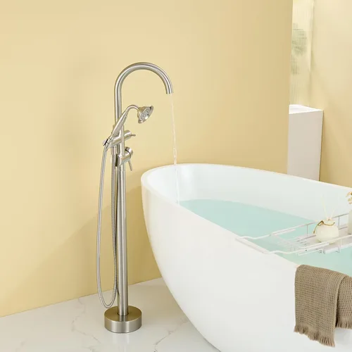 Miniatura 4 de Wowkk Llave de tina independiente Llave de tina de níquel cepillado montado en el piso Llaves de tina de latón para baño con ducha de mano