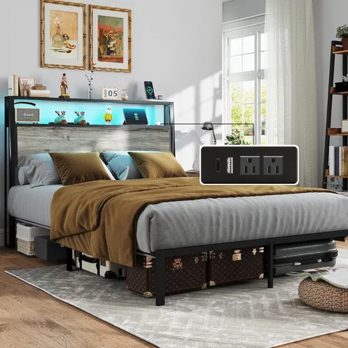 Miniatura 9 de Base de cama tamaño completo con cabecero, estructura de cama de plataforma metálica con luces LED y estación de carga, almacenamiento debajo