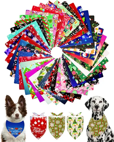 PET SHOW 50 Pack Bandanas Navideñas para Perros Grandes XL Lavables Feliz Año Nuevo Bandanas en Triángulo a Granel Baberos para Perros Medianos y