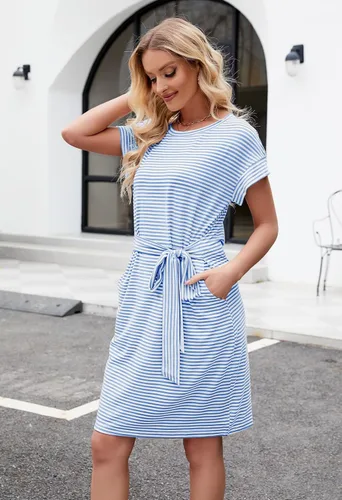 Miniatura 5 de MEROKEETY - Vestido de verano con manga corta, a rayas, casual, estilo camiseta, con lazo en la cintura y bolsillos, para mujer