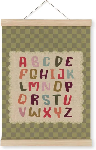 MAQIKA Vintage Alphabet Classroom Poster Framed with Wood Hanger, Letter Educational Hanging Wall Decor, ABC Alphabet Green Checkered Canvas Wall