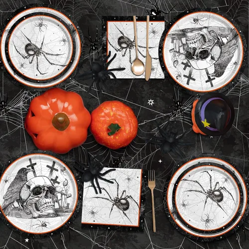 Miniatura 5 de Suministros de fiesta de Halloween con telas de araña: con temas de calavera y araña, platos de papel de tela malvada todo incluido, servilletas