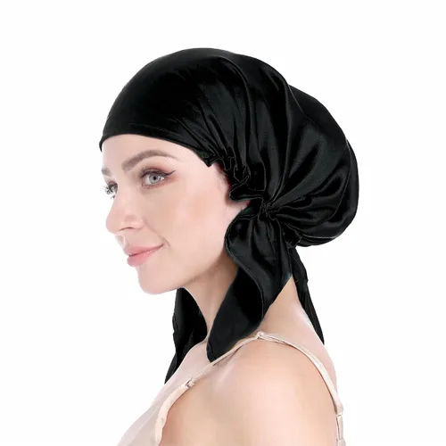Miniatura 8 de SissiLita Gorro de seda 100% para dormir, gorro de seda grande con banda de amarre para el cuidado del cabello rizado (azul)
