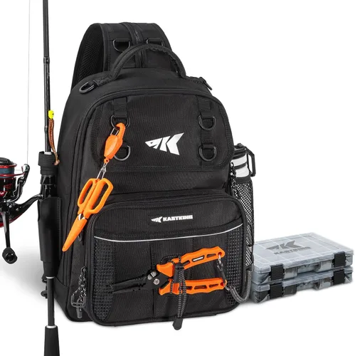 KastKing Bolsa de Pesca con Eslinga BaitSpace, Mochila de Pesca con Soporte para Caña y Bebidas, Bolsa de Aparejos para Equipo de Pesca H: Negro -