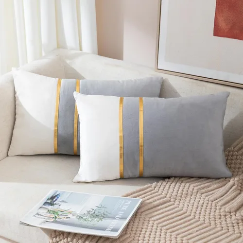 Miniatura 27 de ZLINA Juego de 2 fundas de almohada decorativas de terciopelo verde aguamarina y blanco con parches y cuero dorado de 16 × 16 pulgadas, fundas