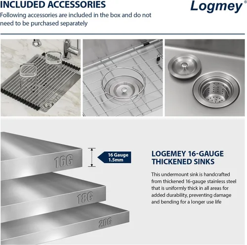 Miniatura 4 de Logmey - Fregadero de barra de acero inoxidable de 13 pulgadas, fregadero de cocina empotrado para barra de calibre 16, cuenco individual de 9