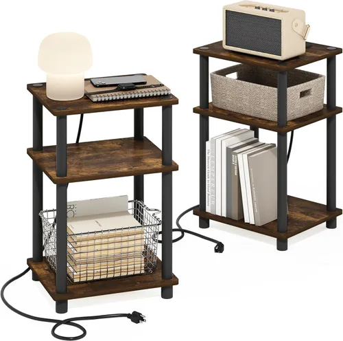 Miniatura 19 de Furinno JUST - Mesa auxiliar moderna de 3 niveles con estación de carga, mesita de noche de fácil montaje, mesita de noche con puerto USB y tipo C