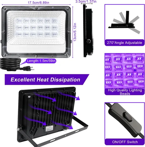 Miniatura 4 de Paquete de 2 luces negras de 30 W, luz negra LED con enchufe e interruptor de EE. UU., luces negras de 395-405 nm para brillar, sin fiesta