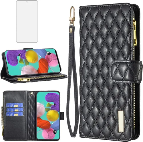 Asuwish Funda de teléfono para Samsung Galaxy A51 4G Funda tipo cartera con protector de pantalla de vidrio templado y soporte de tarjeta de crédito