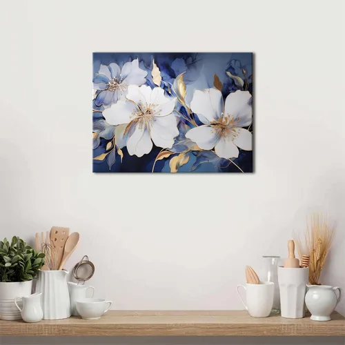 Miniatura 5 de Arte de pared abstracto de flores blancas azules y doradas, decoración de pared azul marino y dorado, marmoleado de flores silvestres