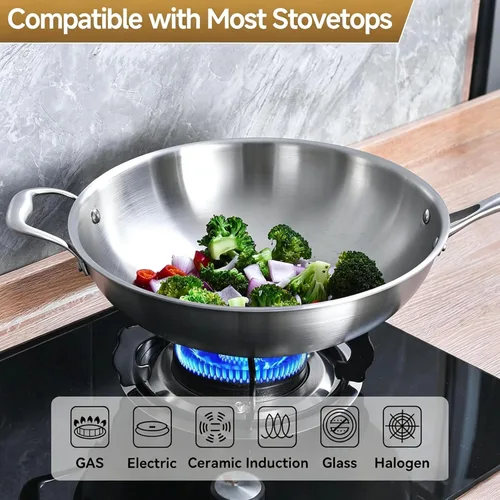 Miniatura 3 de LOLYKITCH Sartén Wok de Acero Inoxidable de Tres Capas de 14.5 Pulgadas, Sartén para Saltear, Sartén de Cocina de Chef por Inducción, Apta