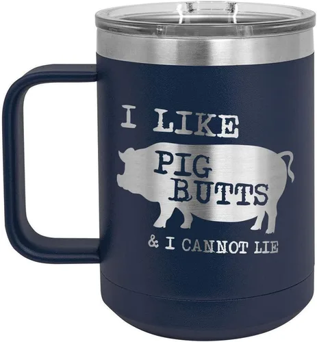 Miniatura 18 de Taza de café con tapa deslizante con texto en inglés "I Like Pig Butts 15 oz" Taza de café de viaje aislada Idea de regalo para barbacoa y Negro