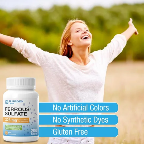 Miniatura 3 de Puregen Labs - Suplemento de hierro de alta potencia con sulfato ferroso de 325 mg (65 mg de hierro elemental), sin aditivos de color artificial