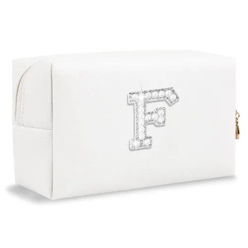 Miniatura 26 de Pequeña bolsa de maquillaje personalizada con inicial A-Z Preppy Patch, bolsa de cosméticos de viaje de felpilla blanca con cremallera, bonita bolsa