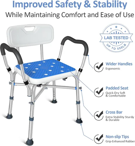 Miniatura 6 de KingPavonini Silla de ducha para ducha interior, silla de baño resistente de 550 libras con brazos, asiento de ducha médico, taburete de baño banco