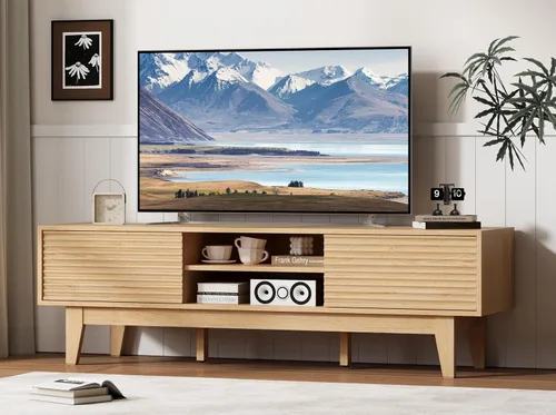 Miniatura 9 de Soporte de TV estriado para TV de 55 y 65 pulgadas, centro de entretenimiento moderno de mediados de siglo con estantes, gabinetes y puertas