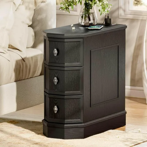 Mesita de noche con estación de carga, mesa auxiliar de madera vintage con 3 cajones, mesa auxiliar estrecha Victoria, mesitas de noche delgadas