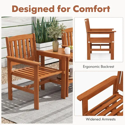 Miniatura 8 de Tangkula Juego de 3 piezas de conversación de patio, asiento de conversación de madera al aire libre con mesa y agujero para paraguas, juego de 3