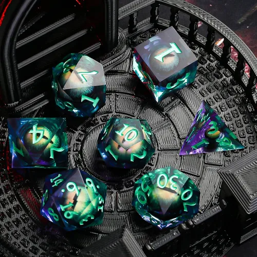 Miniatura 3 de Juego de dados DND, dados de 7 piezas de dados de ojo de núcleo líquido, Dungeons and Dragons, dados de resina de borde afilado con caja de regalo