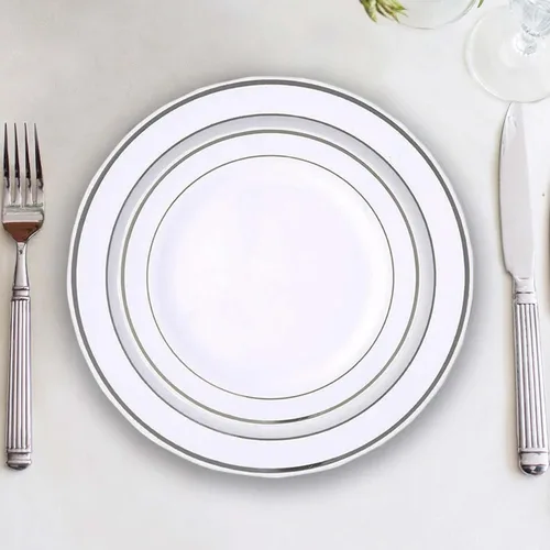 Miniatura 10 de Efavormart - Paquete de 10 platos redondos desechables de plástico Très Chic de 6 pulgadas con borde dorado, platos de postre de alta calidad