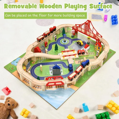 Miniatura 8 de OLAKIDS Mesa de tren, 100 piezas de madera para niños, juego de mesa de actividades con cajón de almacenamiento, pistas de ferrocarril multicolor