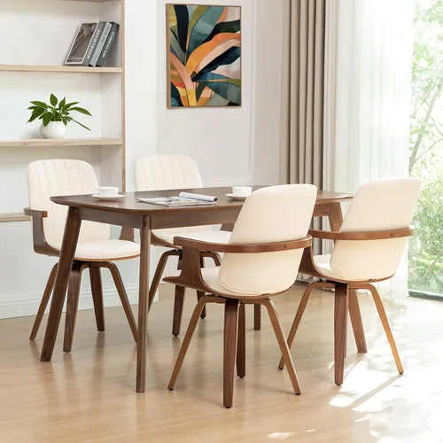 Miniatura 10 de Juego de 2 sillas de comedor giratorias, modernas de mediados de siglo con artesanía de nogal, piel sintética tapizada, brazos y patas de madera