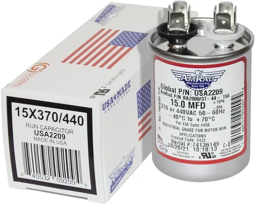 Condensador de funcionamiento de motor redondo USA2209, 15 MFD, 370/440 Vac