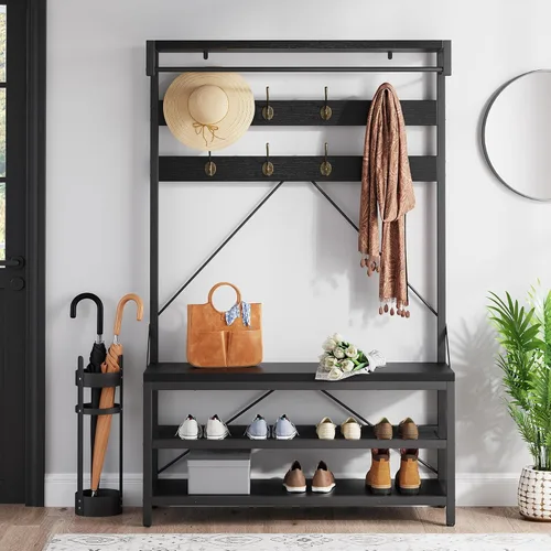 Miniatura 2 de IDEALHOUSE Perchero Banco para Zapatos Árbol de Entrada Industrial Banco de Almacenamiento para Entrada, Aspecto de Madera Acento Estante Grande