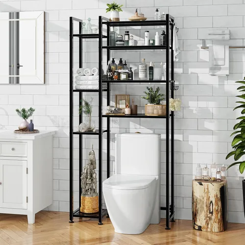 Miniatura 2 de Simple Trending Almacenamiento de 8 niveles sobre el inodoro con estante lateral, organizador de baño, estantes de metal para toallas, color negro