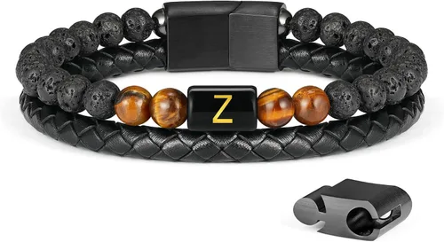 Miniatura 12 de LUXEJEW Regalo Navidad para hombre, brazalete de cuero con cuentas, con letra inicial nombre, 15/64 de pulgada, ágata mate, hecho a mano, ajustable