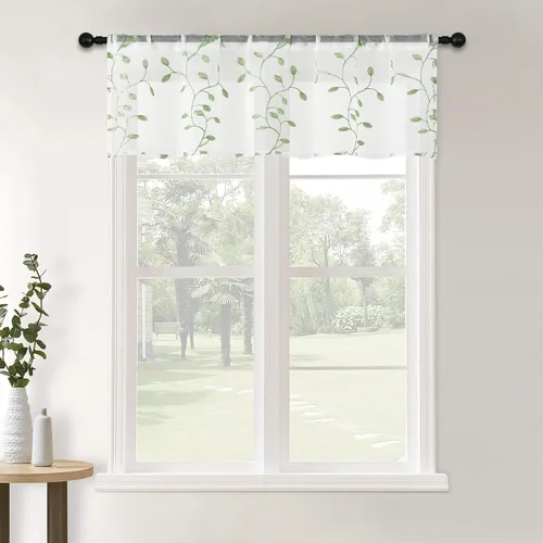 Miniatura 18 de MRTREES Cenefa de cortina transparente de Navidad, 2 paneles de cortinas bordadas con hojas pequeñas de 54 x 16 pulgadas, bolsillo para barra