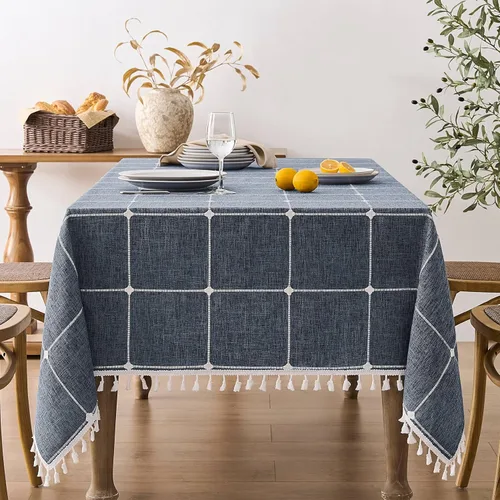 Miniatura 19 de ZeeMart - Mantel de mesa con diseño de cuadrícula boho y borlas (blanco roto, 132 cm x 132 cm), mantel de gran peso de lino a cuadros bordado