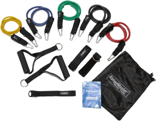 Juego oficial de bandas de resistencia y ejercicio FitRanger para el hogar, oficina, entrenamientos de gimnasio y terapia física | Incluye: bandas,