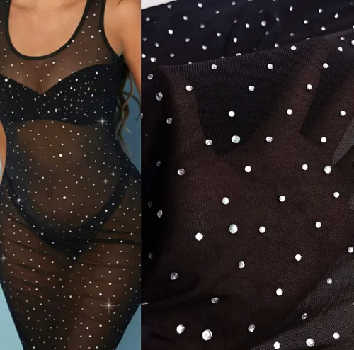 Malla elástica de diamantes de imitación brillantes de 59 x 35 pulgadas, 1 yarda de tela de cristal, perfecta para paneles drapeados y máscaras para