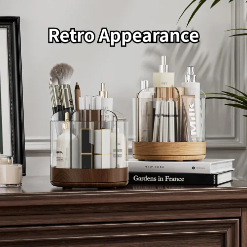 Miniatura 3 de Soporte para brochas de maquillaje giratorio de 360° con 6 ranuras de almacenamiento de múltiples compartimentos, organizador giratorio acrílico
