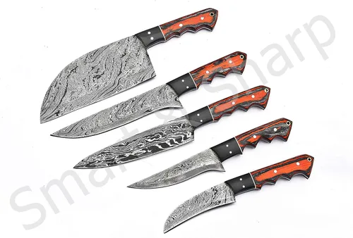 Miniatura 4 de Juego de cuchillos de chef de Damasco hechos a mano personalizados/cuchillos de cocina Juego de 5 piezas SS-17211 (madera de color naranja y negro)