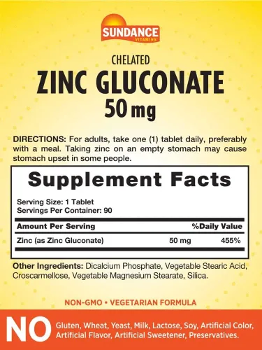 Miniatura 2 de Gluconato de zinc de 50 mg 90 tabletas Mineral esencial quelado Suplemento vegetariano, sin OMG y sin gluten por Sundance