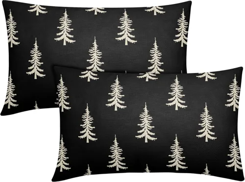 Juego de 2 fundas de almohada lumbar de Navidad de 12 x 20 pulgadas, color negro, rústico, decoración de árbol de Navidad, almohadas decorativas