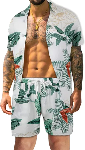 Atwfo Camisas hawaianas para hombre, estilo casual, con botones, manga corta, pantalones cortos estampados, para verano, playa, tropical, hawaiano,