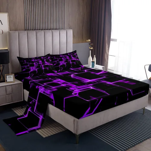 Miniatura 20 de Erosebridal Juego de sábanas de cama negro y rojo, juego de sábanas de tamaño individual abstracto moderno, sábanas a cuadros brillantes 3D, juego