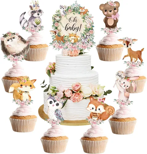 Miniatura 8 de 49 piezas de decoración de cupcakes de bosque neutro de animales del bosque para decoración de baby shower, hojas florales, suministros de fiesta