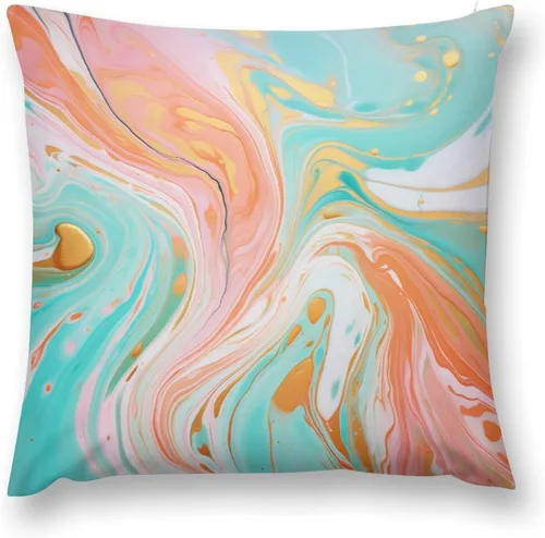 Miniatura 2 de Funda de almohada decorativa abstracta con textura de mármol naranja, rosa y verde, suave, doble cara, 12 x 12 pulgadas, con textura de mármol